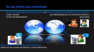 No es necesario tener buena presencia: no
suelen solicitar
la foto del teletrabajador
No hay límites para teletrabajar
No es necesario ser experto en informática:
basta con ser usuario de Internet y correo electrónico
No es necesario ser profesional universitario:
hay teletrabajadores con formación primaria y
secundaria
@
 