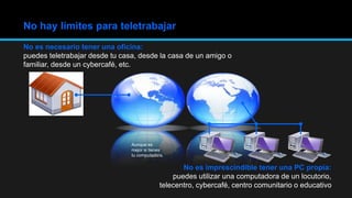 No es necesario tener una oficina:
puedes teletrabajar desde tu casa, desde la casa de un amigo o
familiar, desde un cybercafé, etc.
No es imprescindible tener una PC propia:
puedes utilizar una computadora de un locutorio,
telecentro, cybercafé, centro comunitario o educativo
No hay límites para teletrabajar
Aunque es
mejor si tienes
tu computadora.
 
