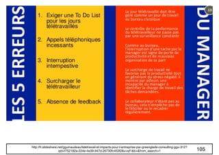 105
http://fr.slideshare.net/gguinaudeau/teletravail-et-impacts-pour-l-entreprise-par-greenglade-consulting-ggu-312?
qid=f752182a-224e-4e39-947d-26730fc453f2&v=qf1&b=&from_search=1
 