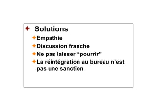 ✦ Solutions
✦Empathie
✦Discussion franche
✦Ne pas laisser “pourrir”
✦La réintégration au bureau n’est
pas une sanction
 