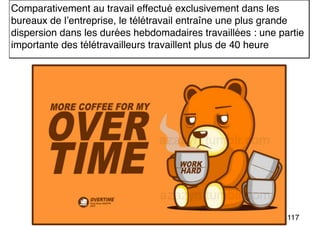 117
Comparativement au travail effectué exclusivement dans les
bureaux de l’entreprise, le télétravail entraîne une plus grande
dispersion dans les durées hebdomadaires travaillées : une partie
importante des télétravailleurs travaillent plus de 40 heure
 