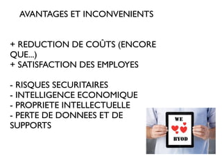 AVANTAGES ET INCONVENIENTS
+ REDUCTION DE COÛTS (ENCORE
QUE...)
+ SATISFACTION DES EMPLOYES
- RISQUES SECURITAIRES
- INTELLIGENCE ECONOMIQUE
- PROPRIETE INTELLECTUELLE
- PERTE DE DONNEES ET DE
SUPPORTS
 