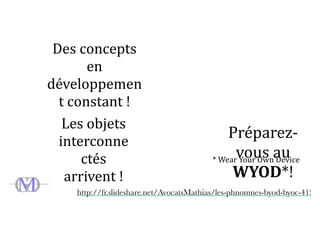 Les	
  objets	
  
interconne
ctés	
  
arrivent	
  !
Préparez-­‐
vous	
  au	
  
WYOD*!
*	
  Wear	
  Your	
  Own	
  Device
Des	
  concepts	
  
en	
  
développemen
t	
  constant	
  !
http://fr.slideshare.net/AvocatsMathias/les-phnomnes-byod-byoc-41267
 