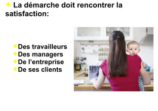✦ La démarche doit rencontrer la
satisfaction:
✦Des travailleurs
✦Des managers
✦De l’entreprise
✦De ses clients
 