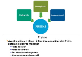 Freins
✦Avant la mise en place : il faut être conscient des freins
potentiels pour le manager
✦Perte de statut
✦Perte de contrôle
✦Résistance au changement
✦Manque de connaissance IT
 