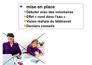 ✦ mise en place
✦Débuter avec des volontaires
✦Effet « rond dans l’eau »
✦Vision réaliste du télétravail
✦Derniers conseils
 