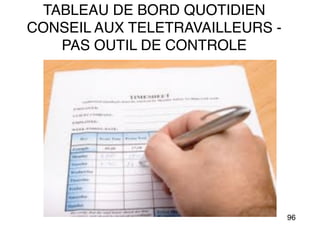 96
TABLEAU DE BORD QUOTIDIEN
CONSEIL AUX TELETRAVAILLEURS -
PAS OUTIL DE CONTROLE
 