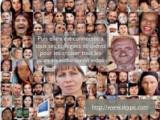Puis elle s’est connectée à
tous ses collègues et clients
   pour les croiser tous les
 jours en audio ou en video




                       http://www.skype.com
 