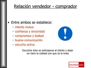 Relación vendedor - comprador Entre ambos se establece: interés mutuo  confianza y sinceridad  compromiso y lealtad buena comunicación escucha activa Escuchar bien es anticiparse al cliente y dejar en claro la calidad con que se lo trata 