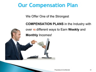 We Offer One of the Strongest COMPENSATION PLANS  in the Industry with over  15  different ways to Earn  Weekly  and  Monthly  Incomes! Our Compensation Plan Proprietary & Confidential 