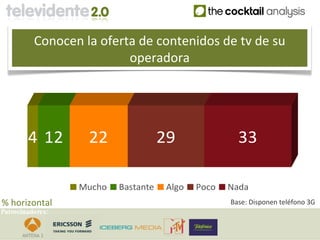 Conocen la oferta de contenidos de tv de su
                          operadora




        4 12       22                29               33

                  Mucho   Bastante    Algo   Poco   Nada
% horizontal                                        Base: Disponen teléfono 3G
Patrocinadores:
 