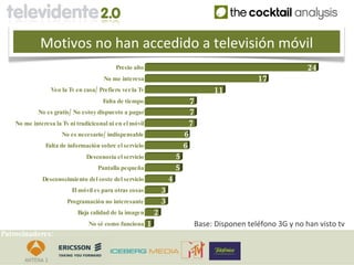 Motivos no han accedido a televisión móvil
                                           Precio alto                                                           24
                                       No me interesa                                             17
                  Veo la Tv en casa/ Prefiero ver la Tv                              11
                                      Falta de tiempo                           7
             No es gratis/ No estoy dispuesto a pagar                           7
    No me interesa la Tv ni tradiciconal ni en el móvil                         7
                      No es necesario / indispensable                         6
               Falta de información sobre el servicio                         6
                                Desconocía el servicio                    5
                                    Pantalla pequeña                      5
              Desconocimiento del coste del servicio                  4
                          El móvil es para otras cosas            3
                        Programación no interesante               3
                            Baja calidad de la imagen         2
                                 No sé como funciona      1                     Base: Disponen teléfono 3G y no han visto tv
Patrocinadores:
 