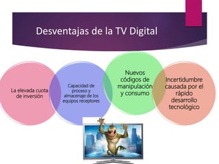 Desventajas de la TV Digital
La elevada cuota
de inversión
Capacidad de
proceso y
almacenaje de los
equipos receptores
Nuevos
códigos de
manipulación
y consumo
Incertidumbre
causada por el
rápido
desarrollo
tecnológico
 