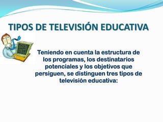TIPOS DE TELEVISIÓN EDUCATIVA

      Teniendo en cuenta la estructura de
        los programas, los destinatarios
         potenciales y los objetivos que
     persiguen, se distinguen tres tipos de
              televisión educativa:
 