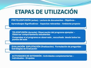 ETAPAS DE UTILIZACIÓN
PRETELEDIFUSIÓN (antes): Lectura de documentos – Objetivos -
Aprendizajes Significativos - Aspectos relevantes – Ambiente propicio



TELEDIFUSIÓN (durante): Observación del programa ejemplar –
Observar comportamiento estudiantes
Comprobar si el programa es observado , escuchado desde todos los
puntos del aula


EVALUACIÓN EXPLOTACIÓN (finalización): Formulación de preguntas -
Estrategias de Evaluación


ACTIVIDADES DE EXTENSIÓN : Actividades complementarias –
Individuales - Grupales
 
