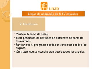 Etapas de utilización de la TV educativa


    2. Teledifusión


• Verificar la toma de notas.
• Estar pendiente de actitudes de extrañeza de parte de
  los alumnos.
• Revisar que el programa puede ser visto desde todos los
  ángulos.
• Constatar que se escucha bien desde todos los ángulos.
 