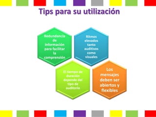 Tips para su utilización

 Redundancia                 Ritmos
      de                    elevados
 información                  tanto
 para facilitar             auditivos
       la                     como
 comprensión                 visuales



             El tiempo de
                                            Los
               duración                 mensajes
             depende del                deben ser
                 tipo de                abiertos y
               auditorio
                                         flexibles
 