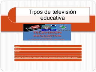 Tipos de televisión 
educativa 
Cultural 
Educativa 
Escolar 
Las cuales se diferencian por la estructura del programa, la población objeto y los objetivos que persiguen 
 