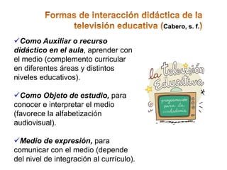 Cabero, s. f.

Como Auxiliar o recurso
didáctico en el aula, aprender con
el medio (complemento curricular
en diferentes áreas y distintos
niveles educativos).

Como Objeto de estudio, para
conocer e interpretar el medio
(favorece la alfabetización
audiovisual).

Medio de expresión, para
comunicar con el medio (depende
del nivel de integración al currículo).
 