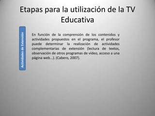 Etapas para la utilización de la TV
           Educativa
Actividades de Extensión


                           En función de la comprensión de los contenidos y
                           actividades propuestos en el programa, el profesor
                           puede determinar la realización de actividades
                           complementarias de extensión (lectura de textos,
                           observación de otros programas de vídeo, acceso a una
                           página web...). (Cabero, 2007).
 