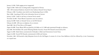 January 15,1995 : Radio paging service inaugurated.
August 5,1995 : Multi-track recording studios inaugurated at Chennai.
1995 : AIR introduced Akashvani Awards for best Audience Research Survey Report.
February 1,1996 : Foundation stone laid for new Broadcasting House in Delhi.
May 2,1996 : Launching of AIR on-line Information Service on Internet.
January 13,1997 : Audio in real time on Internet Service started.
November 23,1997 : Prasar Bharati Corporation came into existence.
January 26,1998 : Radio on Demand’ Service on 2nd FM Channel.
February 25,1998 : AIR news on telephone, live on internet.
April,1998 : Sale of Time Slots on FM stopped.
August 29,1998 : Prasar Bharati Bill was passed by Lok Sabha on 31.7.1998 made operational through an ordinance.
June,1999 : Shri R.R.Shah, IAS, named officiating Member Executive. Private FM Channels announced by GOI.
August 15,1999 : Radio Station commissioned at Kokrajhar in Bodo Land Autonomous Council Areas.
August 15,1999 : Second FM Channels commissioned at Delhi and Calcutta.
November, 1999 : AIR launched a daily Malayalam Service for the Gulf Region. It consists of a 10 mts. News Bulletins at 2315 hrs. followed by a 5 mts. Commentary
on a topical issue.
 