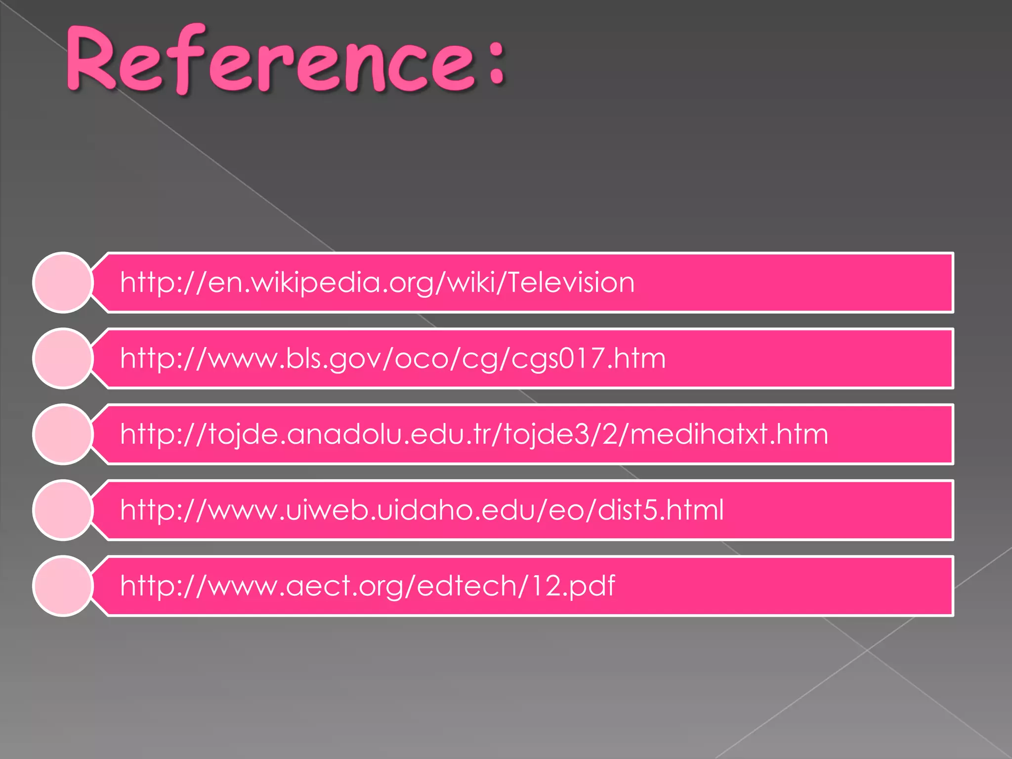 http://en.wikipedia.org/wiki/Television

http://www.bls.gov/oco/cg/cgs017.htm

http://tojde.anadolu.edu.tr/tojde3/2/medihatxt.htm

http://www.uiweb.uidaho.edu/eo/dist5.html

http://www.aect.org/edtech/12.pdf
 