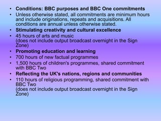 • Conditions: BBC purposes and BBC One commitments
• Unless otherwise stated, all commitments are minimum hours
and include originations, repeats and acquisitions. All
conditions are annual unless otherwise stated.
• Stimulating creativity and cultural excellence
• 45 hours of arts and music
(does not include output broadcast overnight in the Sign
Zone)
• Promoting education and learning
• 700 hours of new factual programmes
• 1,500 hours of children's programmes, shared commitment
with BBC Two
• Reflecting the UK's nations, regions and communities
• 110 hours of religious programming, shared commitment with
BBC Two
(does not include output broadcast overnight in the Sign
Zone)

 