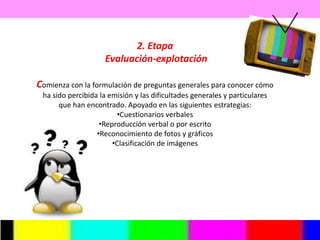 2. Etapa
                     Evaluación-explotación

Comienza con la formulación de preguntas generales para conocer cómo
 ha sido percibida la emisión y las dificultades generales y particulares
      que han encontrado. Apoyado en las siguientes estrategias:
                        •Cuestionarios verbales
                   •Reproducción verbal o por escrito
                  •Reconocimiento de fotos y gráficos
                       •Clasificación de imágenes
 