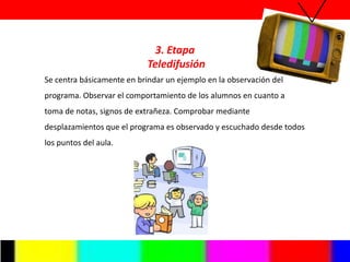 3. Etapa
                            Teledifusión
Se centra básicamente en brindar un ejemplo en la observación del
programa. Observar el comportamiento de los alumnos en cuanto a
toma de notas, signos de extrañeza. Comprobar mediante
desplazamientos que el programa es observado y escuchado desde todos
los puntos del aula.
 