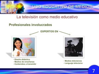 La televisión como medio educativo
Profesionales involucrados
EXPERTOS EN

- Diseño didáctico
- Medios de enseñanza
- Contenidos a transmitir

- Medios televisivos
- Lenguaje televisivo

7

 