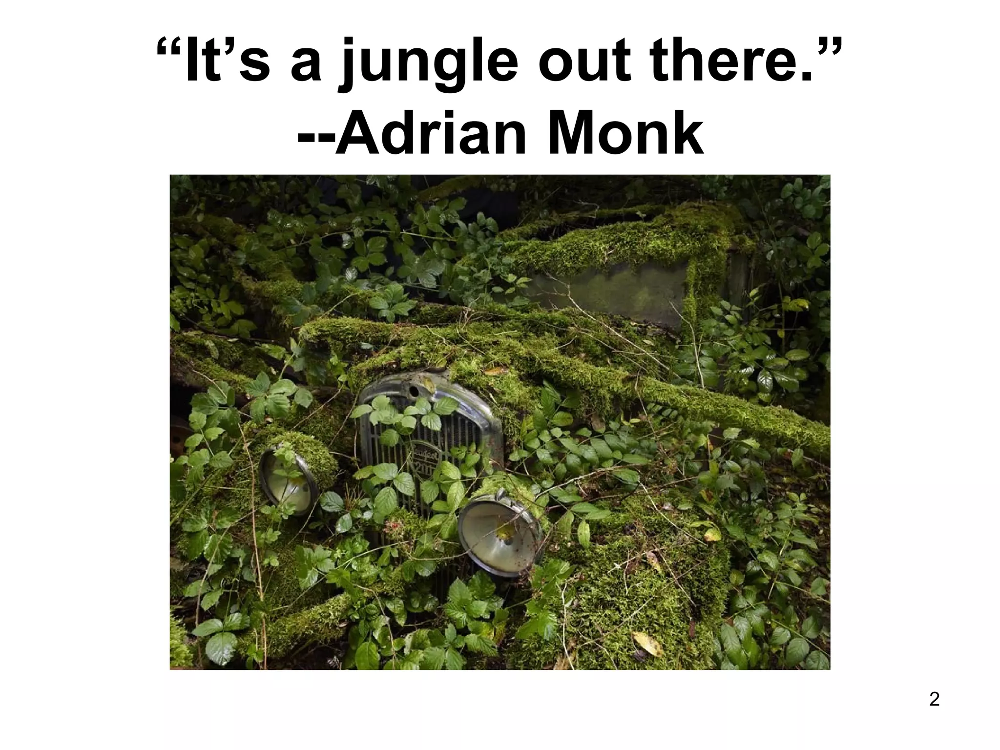 “It’s a jungle out there.”
--Adrian Monk
2
 