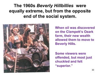 The 1960s Beverly Hillbillies were
equally extreme, but from the opposite
end of the social system.
When oil was discovered
on the Clampett’s Ozark
farm, their new wealth
allowed them to move to
Beverly Hills.
Some viewers were
offended, but most just
chuckled and felt
“superior.”
30
 