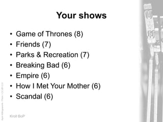 AprilKillingsworth/Flickr/CC-BY-2.0
Kroll BoP
Your shows
• Game of Thrones (8)
• Friends (7)
• Parks & Recreation (7)
• Breaking Bad (6)
• Empire (6)
• How I Met Your Mother (6)
• Scandal (6)
 