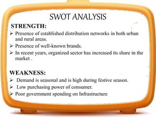 SWOT ANALYSIS
STRENGTH:
 Presence of established distribution networks in both urban
and rural areas.
 Presence of well-known brands.
 In recent years, organized sector has increased its share in the
market .
WEAKNESS:
 Demand is seasonal and is high during festive season.
 Low purchasing power of consumer.
 Poor government spending on Infrastructure
 