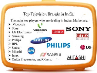 Top Television Brands in India
The main key players who are dealing in Indian Market are:
 Videocon
 Sony
 LG Electronics
 Samsung
 Philips
 BPL
 Sansui
 Mitashi
 Intex
 Onida Electronics; and Others.
 