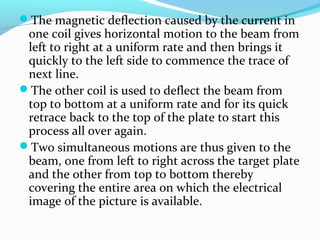 The magnetic deflection caused by the current in
one coil gives horizontal motion to the beam from
left to right at a uniform rate and then brings it
quickly to the left side to commence the trace of
next line.
The other coil is used to deflect the beam from
top to bottom at a uniform rate and for its quick
retrace back to the top of the plate to start this
process all over again.
Two simultaneous motions are thus given to the
beam, one from left to right across the target plate
and the other from top to bottom thereby
covering the entire area on which the electrical
image of the picture is available.
 