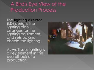 The lighting director
(LD) designs the
lighting plan,
arranges for the
lighting equipment,
and sets up and
checks the lighting.
As we'll see, lighting is
a key element in the
overall look of a
production.
 