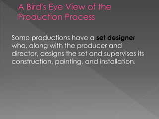 Some productions have a set designer
who, along with the producer and
director, designs the set and supervises its
construction, painting, and installation.
 