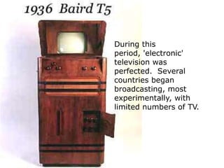 During this period, 'electronic' television was perfected.  Several countries began broadcasting, most experimentally, with limited numbers of TV.