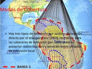 Modos de CoberturaHay tres tipos de televisión por satélite: Recepción directa por el telespectador (DTH), recepción para las cabeceras de televisión por cable (para su posterior redistribución) y servicios entre afiliados de televisión local.