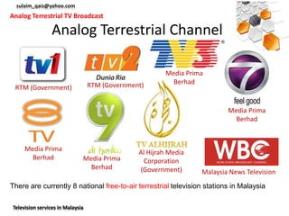 sulaim_qais@yahoo.com
Analog Terrestrial TV Broadcast

                 Analog Terrestrial Channel

                                                        Media Prima
                                  RTM (Government)        Berhad
 RTM (Government)


                                                                          Media Prima
                                                                            Berhad



     Media Prima                                Al Hijrah Media
       Berhad                 Media Prima         Corporation
                                Berhad          (Government)      Malaysia News Television
There are currently 8 national free-to-air terrestrial television stations in Malaysia

Television services in Malaysia
 
