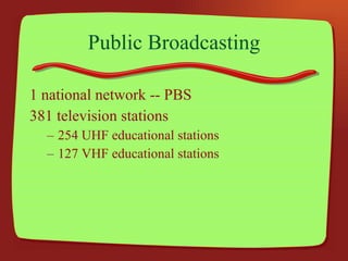 Public Broadcasting 1 national network -- PBS 381 television stations 254 UHF educational stations 127 VHF educational stations 