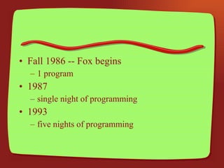 Fall 1986 -- Fox begins 1 program 1987 single night of programming 1993 five nights of programming 
