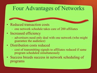 Four Advantages of Networks Reduced transaction costs one network schedule takes care of 200 affiliates Increased efficiency advertisers need only deal with one network (who might guarantee the audience) Distribution costs reduced cost of transmitting signals to affiliates reduced if same program scheduled simultaneously Success breeds success in network scheduling of programs 