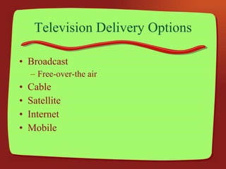 Television Delivery Options Broadcast Free-over-the air Cable Satellite Internet Mobile 