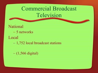 Commercial Broadcast Television National 5 networks Local 1,752 local broadcast stations (1,566 digital) 