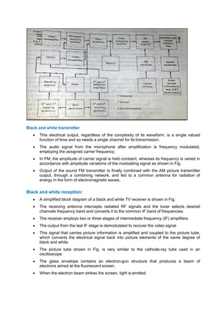 Black and white transmitter
 This electrical output, regardless of the complexity of its waveform, is a single valued
function of time and so needs a single channel for its transmission.
 The audio signal from the microphone after amplification is frequency modulated,
employing the assigned carrier frequency.
 In FM, the amplitude of carrier signal is held constant, whereas its frequency is varied in
accordance with amplitude variations of the modulating signal as shown in Fig.
 Output of the sound FM transmitter is finally combined with the AM picture transmitter
output, through a combining network, and fed to a common antenna for radiation of
energy in the form of electromagnetic waves.
Black and white reception:
 A simplified block diagram of a black and white TV receiver is shown in Fig.
 The receiving antenna intercepts radiated RF signals and the tuner selects desired
channels frequency band and converts it to the common IF band of frequencies.
 The receiver employs two or three stages of intermediate frequency (IF) amplifiers.
 The output from the last IF stage is demodulated to recover the video signal.
 This signal that carries picture information is amplified and coupled to the picture tube,
which converts the electrical signal back into picture elements of the same degree of
black and white.
 The picture tube shown in Fig. is very similar to the cathode-ray tube used in an
oscilloscope.
 The glass envelope contains an electron-gun structure that produces a beam of
electrons aimed at the fluorescent screen.
 When the electron beam strikes the screen, light is emitted.
 