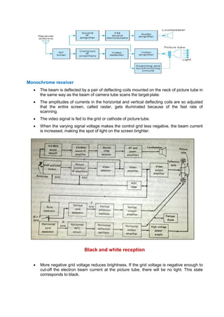 Monochrome receiver
 The beam is deflected by a pair of deflecting coils mounted on the neck of picture tube in
the same way as the beam of camera tube scans the target plate.
 The amplitudes of currents in the horizontal and vertical deflecting coils are so adjusted
that the entire screen, called raster, gets illuminated because of the fast rate of
scanning.
 The video signal is fed to the grid or cathode of picture tube.
 When the varying signal voltage makes the control grid less negative, the beam current
is increased, making the spot of light on the screen brighter.
Black and white reception
 More negative grid voltage reduces brightness. If the grid voltage is negative enough to
cut-off the electron beam current at the picture tube, there will be no light. This state
corresponds to black.
 