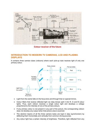 Colour receiver of the future
INTRODUCTION TO MODERN TV CAMERAS, LCD AND PLASMA
DISPLAYS
It contains three camera tubes (vidicons) where each pick-up tube receives light of only one
primary colour.
 Light from the scene falls on the focus lens and through that on special mirrors.
 Colour filters that receive reflected light via relay lenses split it into R, G and B colour
lights. Thus, each vidicon receives a single colour light and develops a voltage
proportional to the intensity of one of the primary colours.
 If any primary colour is not present in any part of the picture, the corresponding vidicon
does not develop any output when that picture area is scanned.
 The electron beams of all the three camera tubes are kept in step (synchronism) by
deflecting them horizontally and vertically from common driving sources.
 Any colour light has a certain intensity of brightness. Therefore, light reflected from any
 