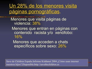 Un 28% de los menores visita páginas pornográficas .   Menores que visita páginas de violencia:  38%   Menores que entran en páginas con contenido  racista y/o  xenófobo:  16%  Menores que acceden a chats específicos sobre sexo:  26%   Save de Children España.Informe Kiddanet 2004 ¿Cómo usan internet nuestros hijos?.Disponible:http://savethechildren.es 